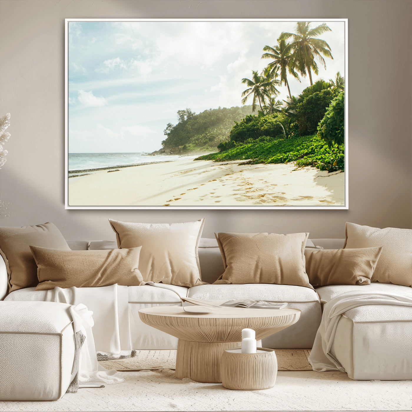A tropical beach with palm trees, soft sand, and ocean waves under a bright sky, creating a peaceful and relaxing coastal view.