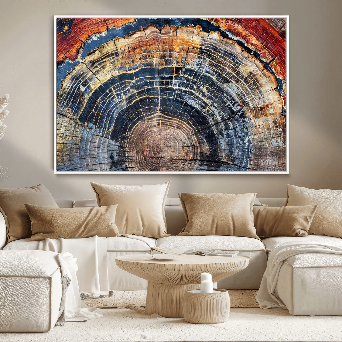 Close-up of petrified wood with rich earthy tones and intricate tree rings, highlighting natural texture and organic patterns.