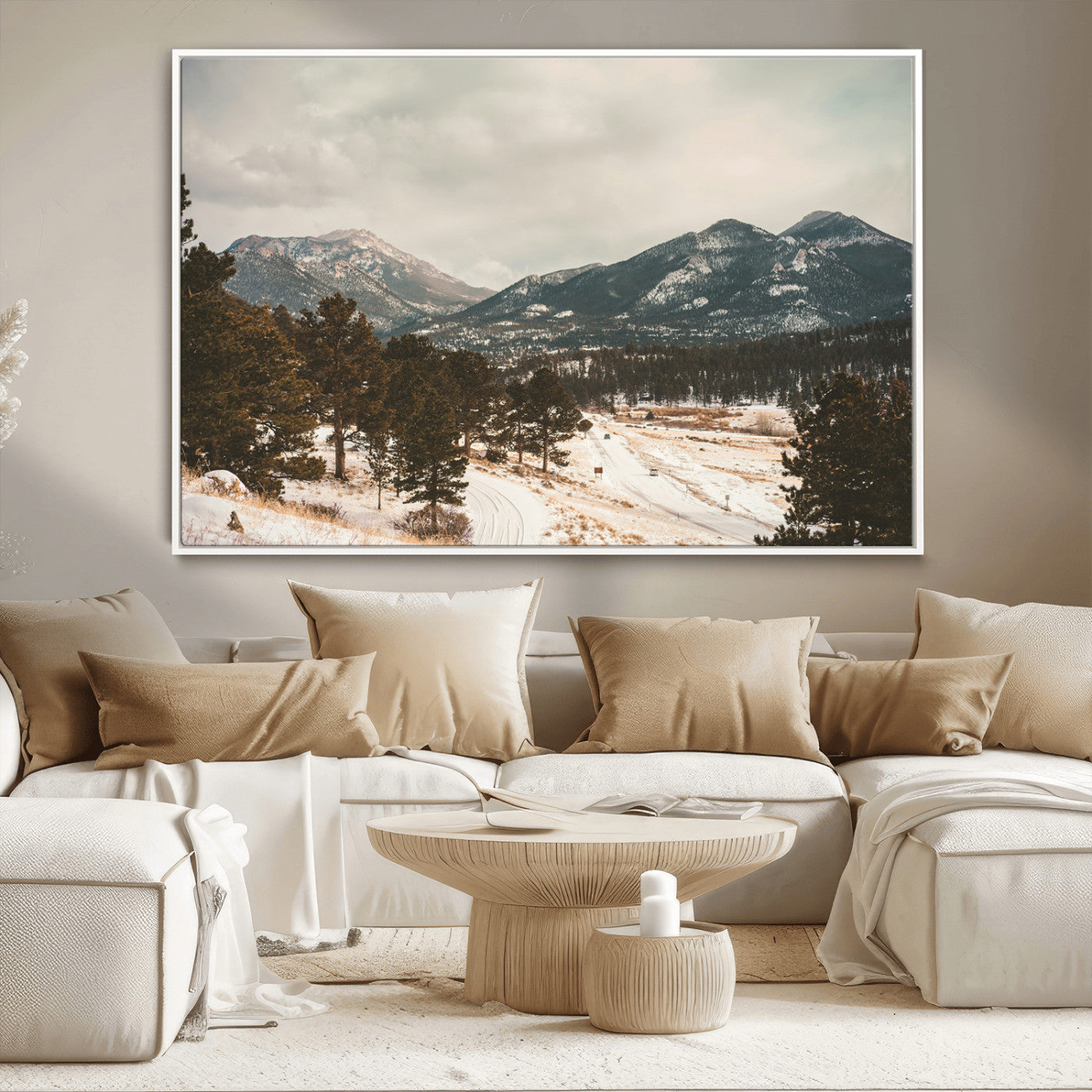 Snow-covered mountains with pine trees and a winding path, creating a serene and rustic winter landscape perfect for cozy decor.