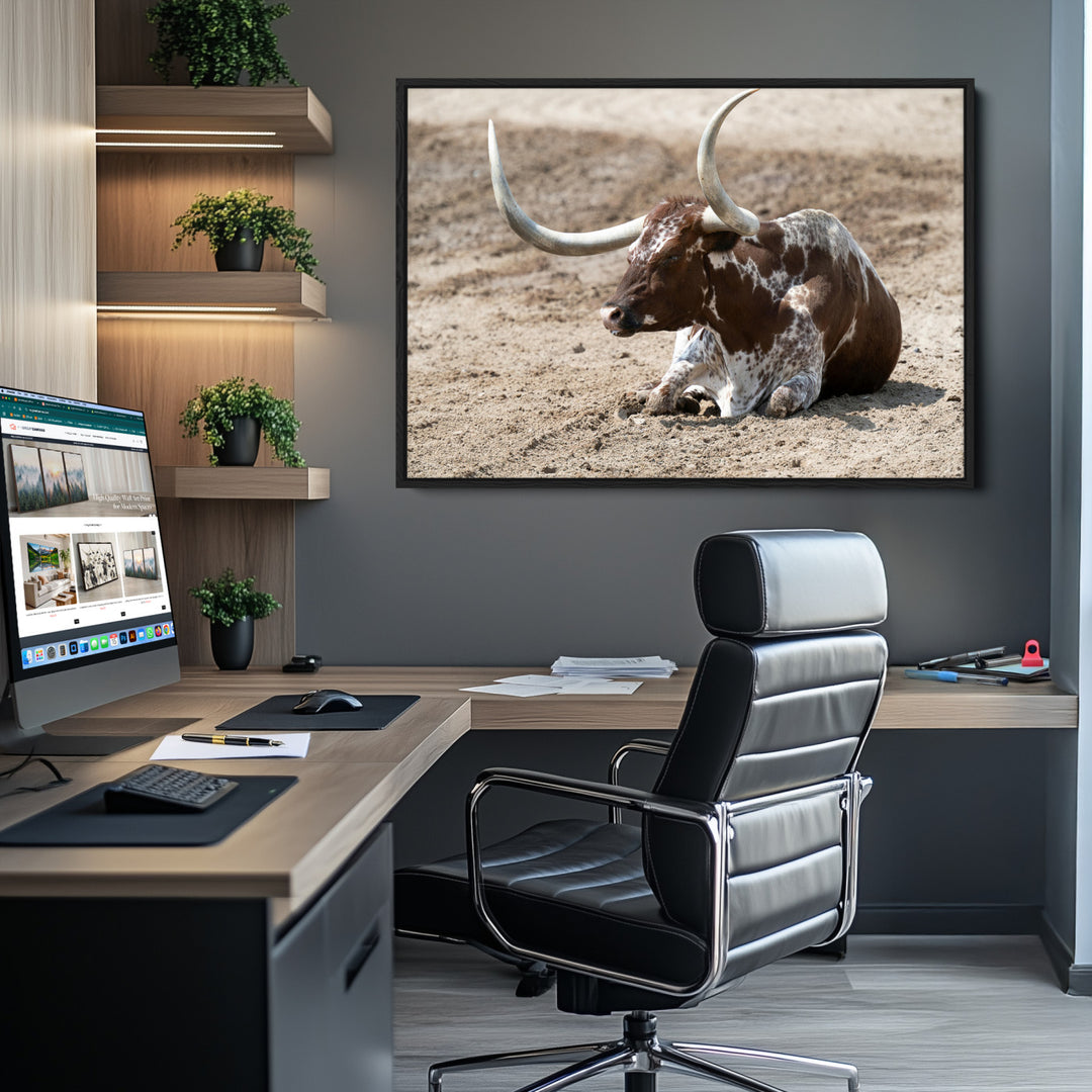 Texas Longhorn Wall Art Canvas Print, Framed Country Living Art Picture Print, Farmhouse Perfect Western Decor Artwork