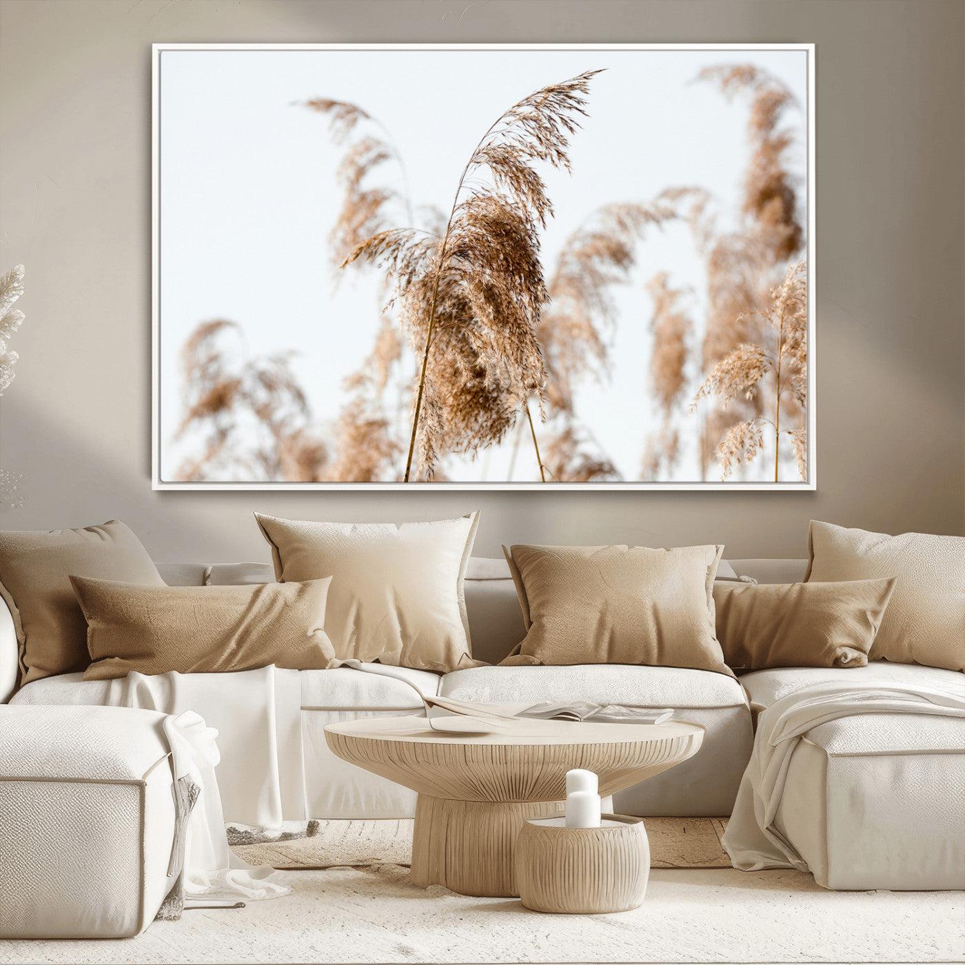 Close-up of pampas grass swaying in the wind against a soft white sky, creating a neutral and minimalist botanical aesthetic.