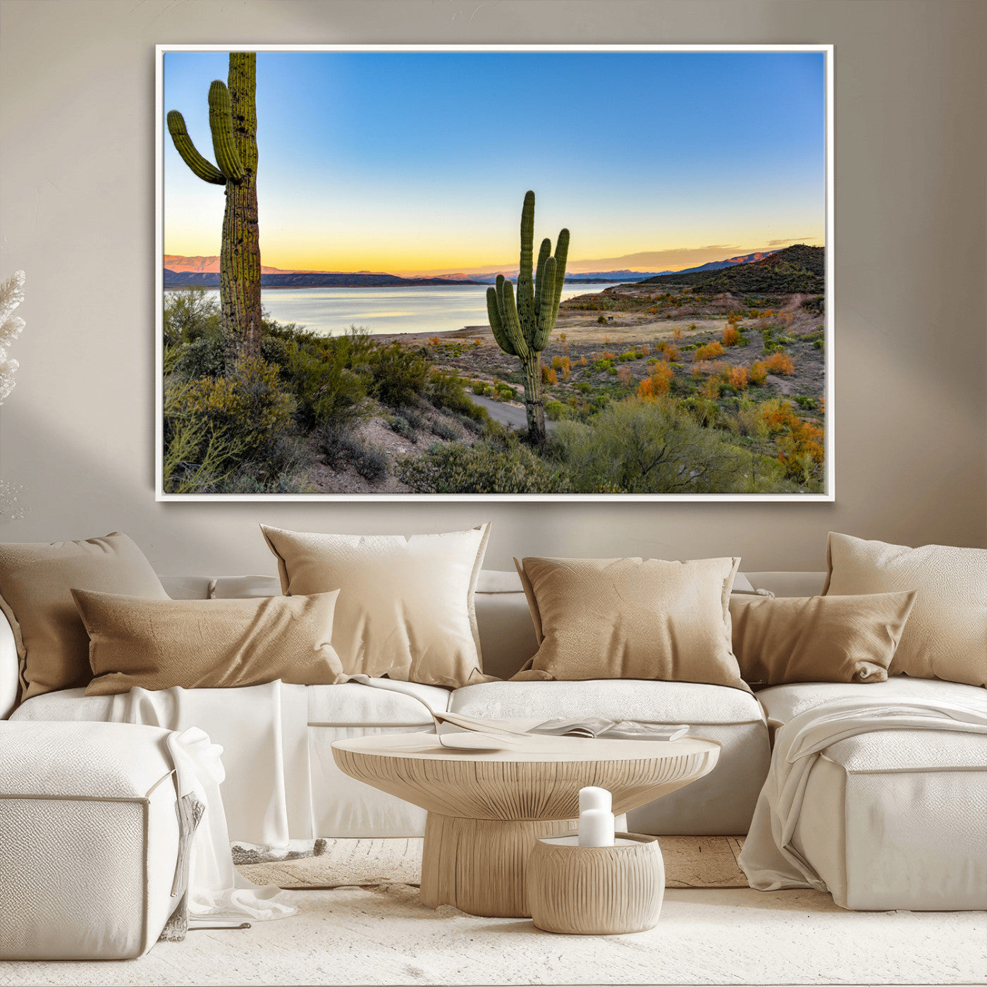 Desert landscape with saguaro cacti and lake at sunset, featuring vibrant sky and hills, ideal for Southwestern or rustic wall decor.