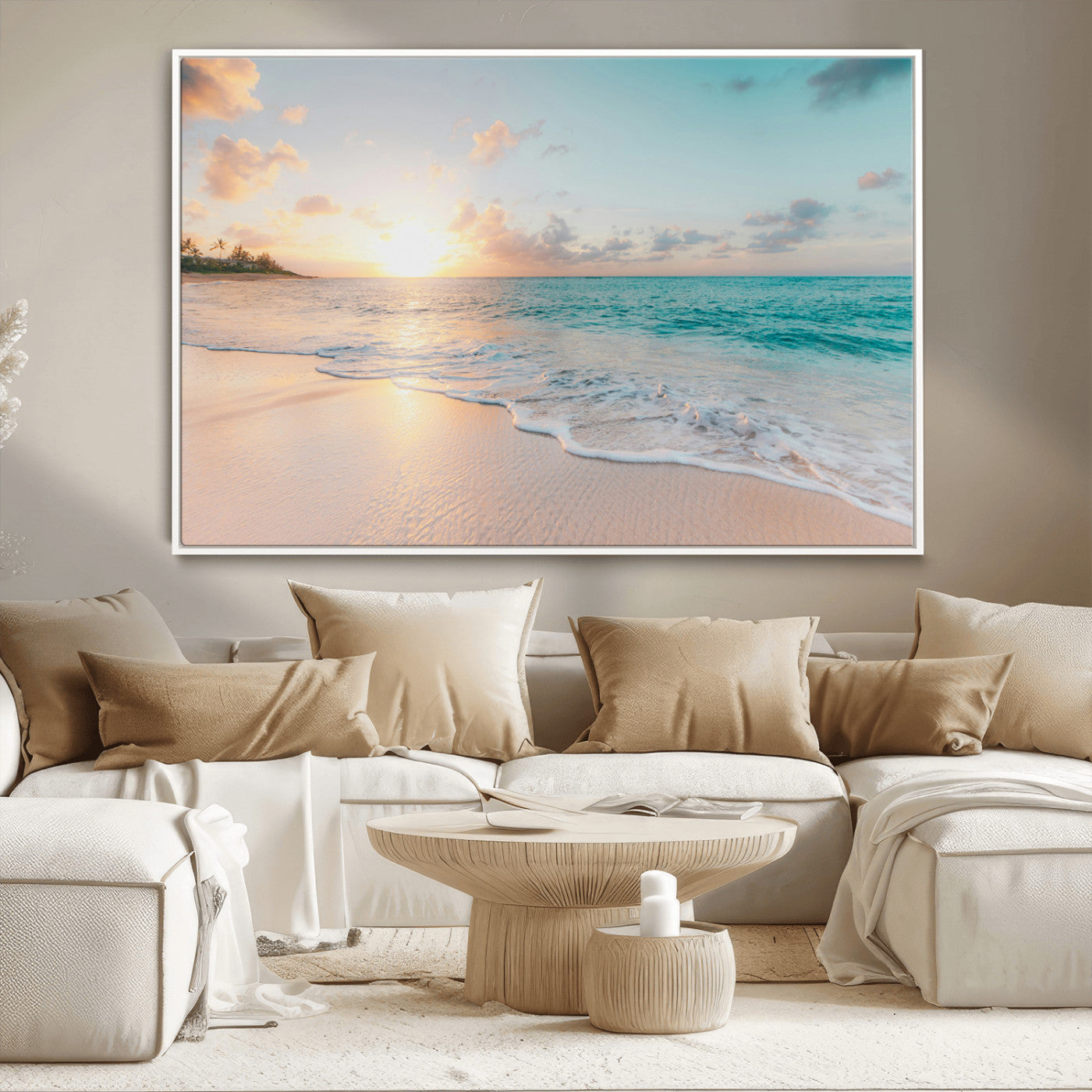 Golden sunset over a tropical beach with gentle ocean waves and soft white sand, creating a peaceful and relaxing coastal scene.
