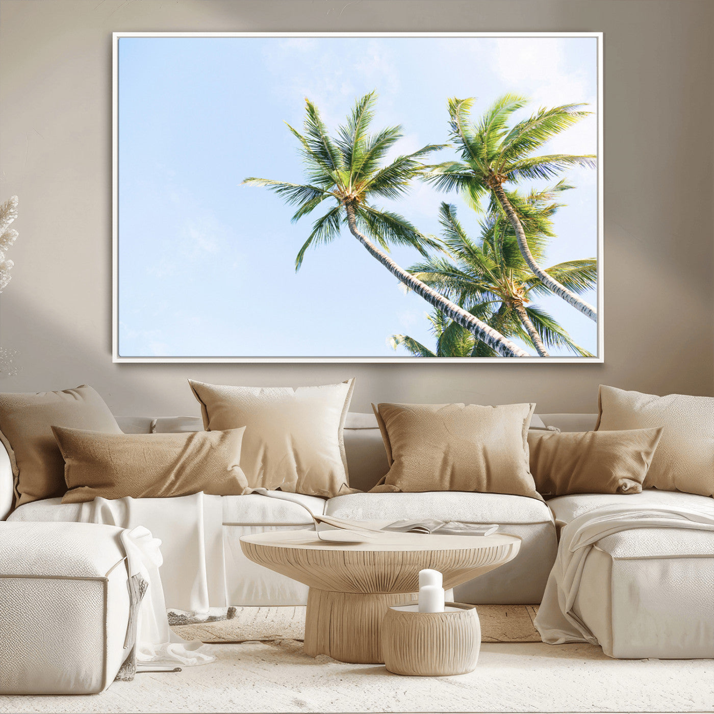 Tall palm trees swaying under a bright blue sky, capturing a tropical and minimalist beach vibe, perfect for coastal-inspired wall art.