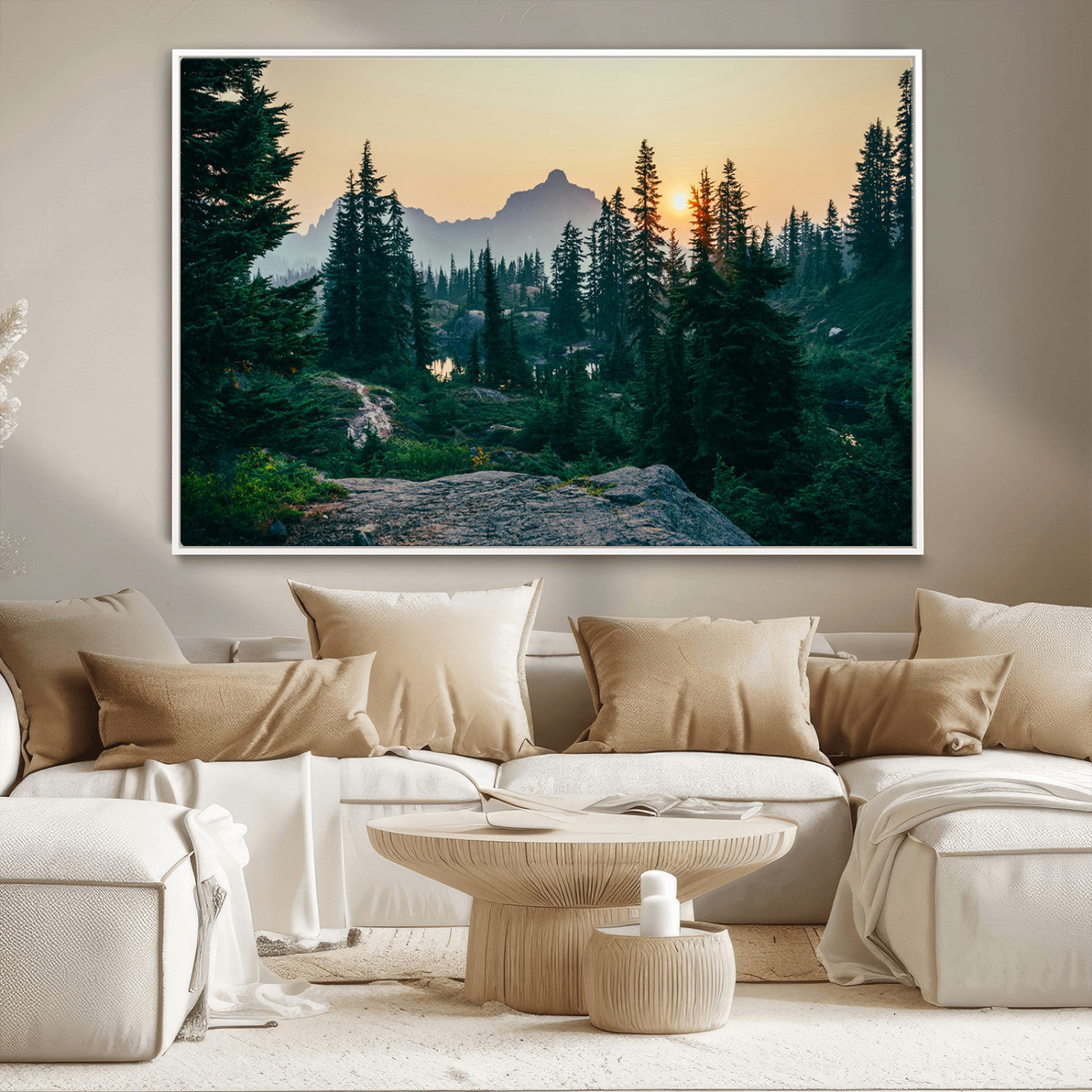 Mountain landscape with evergreen trees at sunset, casting a golden glow over the wilderness, creating a peaceful and rustic nature scene.