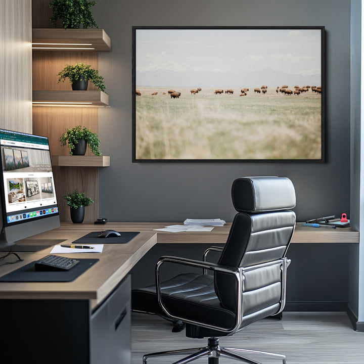 Bison Herd Wall Art Canvas Print, Framed Western Art Picture Print, Bison Perfect Ranch Decor Artwork