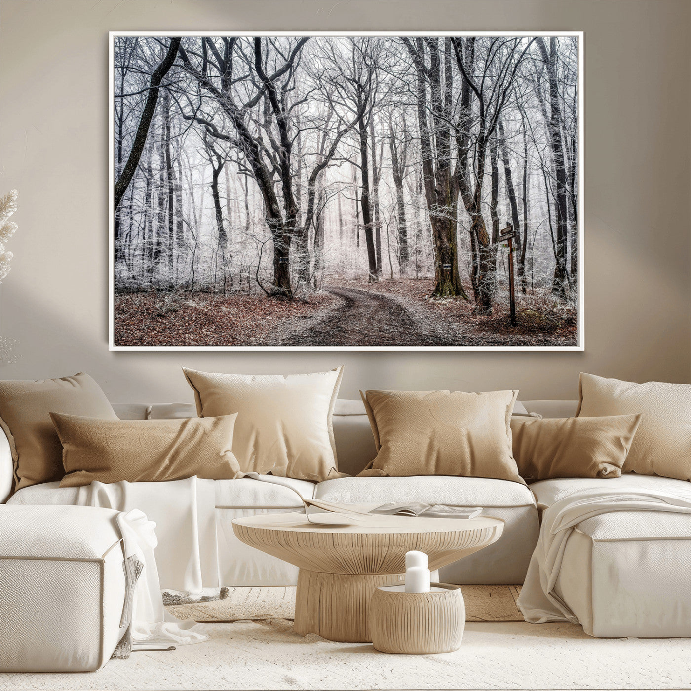 Snow-covered trees in a misty winter forest with a winding path, creating a serene and mysterious atmosphere, perfect for nature-inspired wall art.