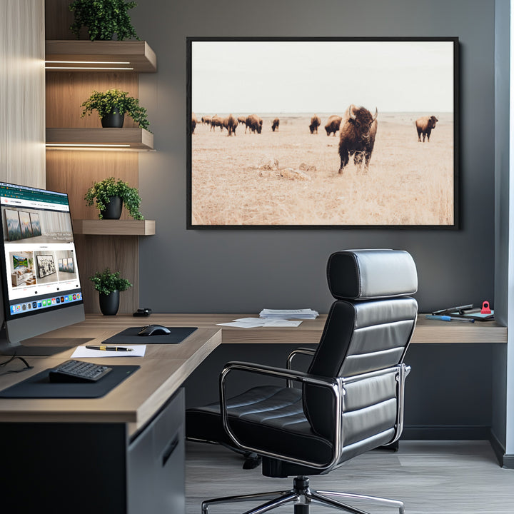 Bison Herd Wall Art Canvas Print, Framed Western Art Picture Print, Prairie Serenity Perfect Ranch Decor Artwork