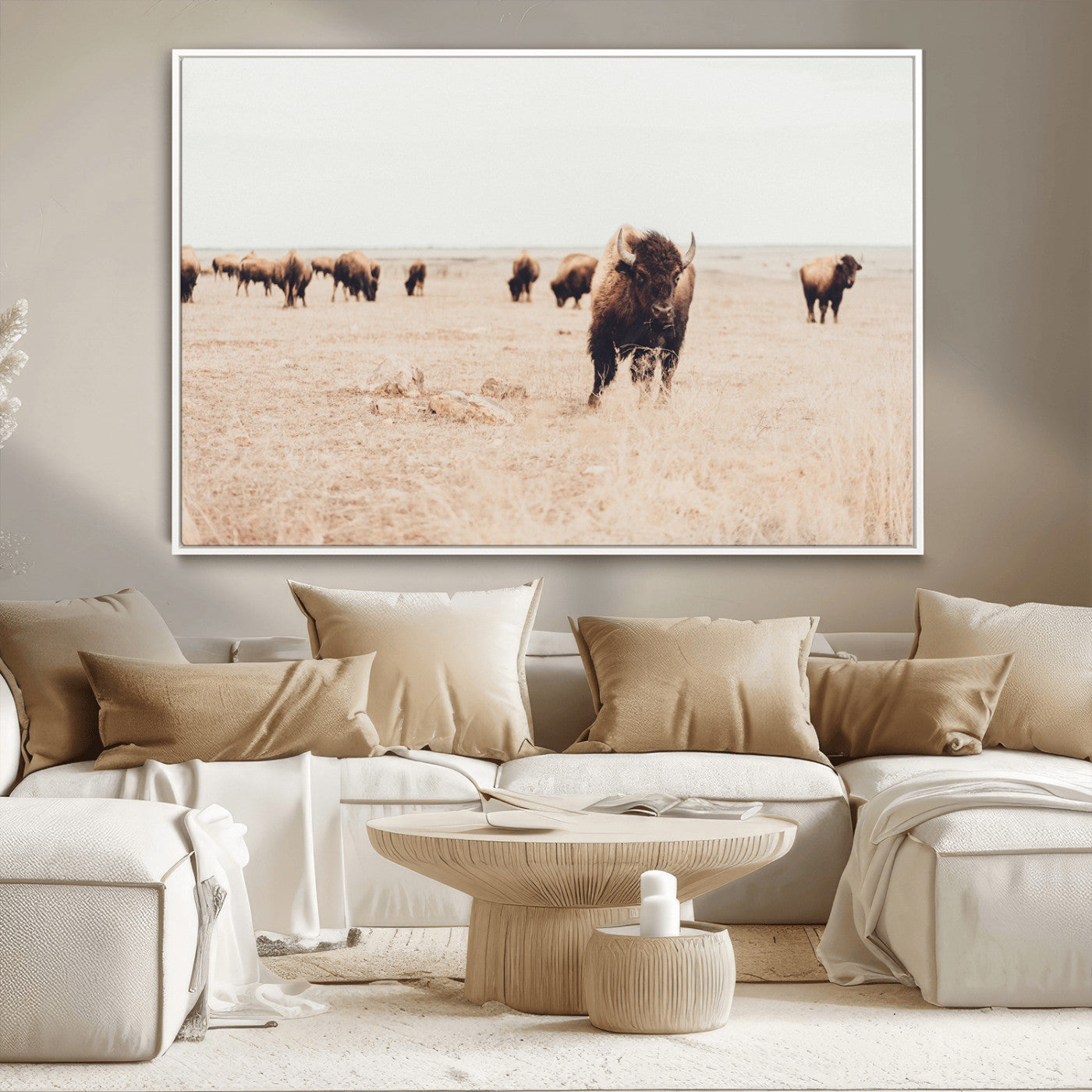Herd of bison roaming a vast prairie with golden grass under a soft sky, creating a rustic and Western landscape, ideal for wall art.