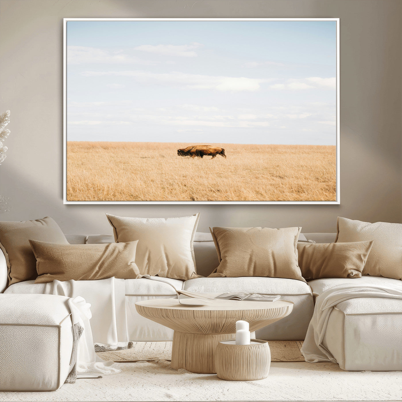 MGV-FC-36X24 - Minimalist Nature Wall Art Canvas Print, Framed Bison In Grassland Art Picture Print, Open Field Perfect Modern Ranch Decor Decor Artwork