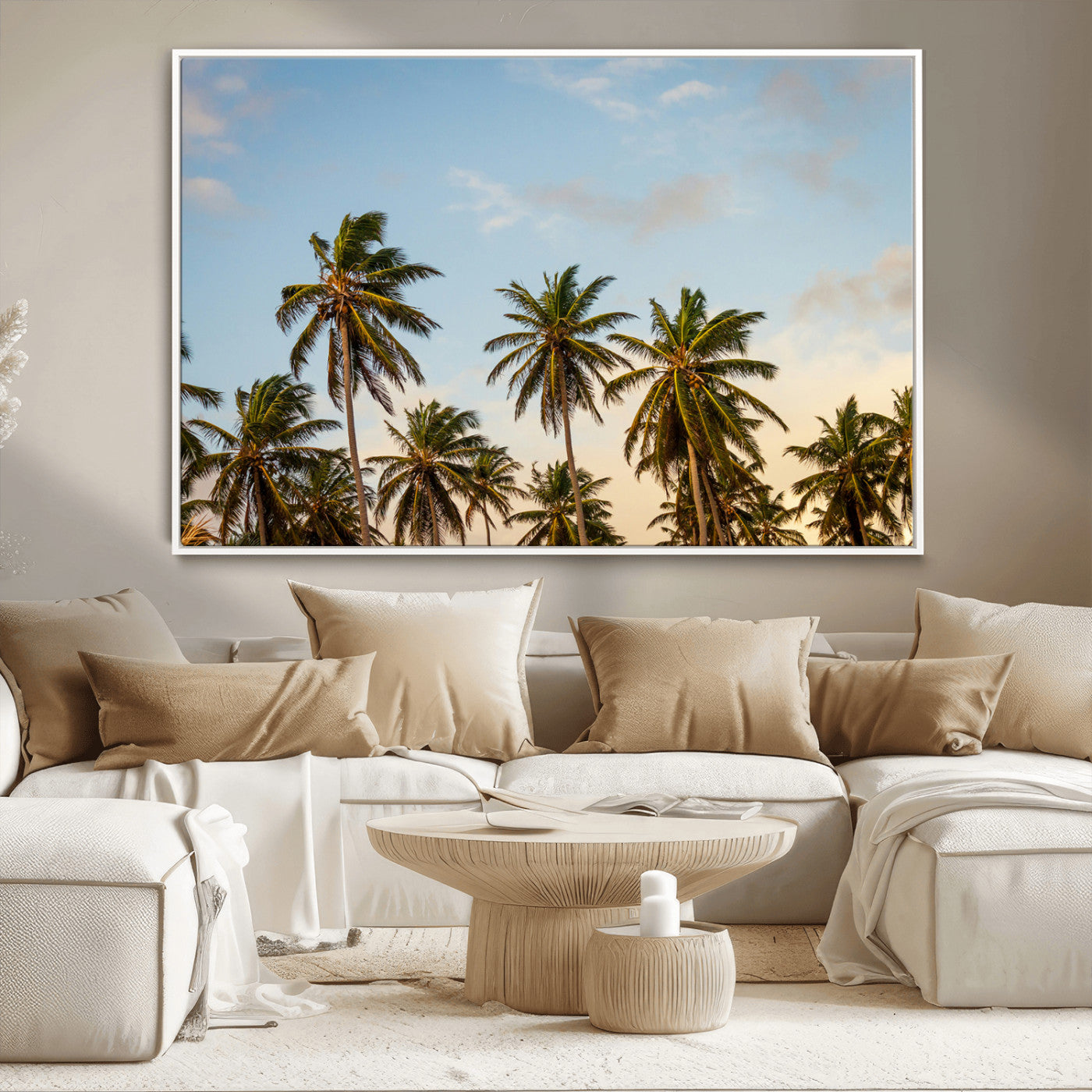 Tall palm trees swaying under a soft sunset sky, creating a tropical and relaxing atmosphere, perfect for coastal and beach-inspired wall art.