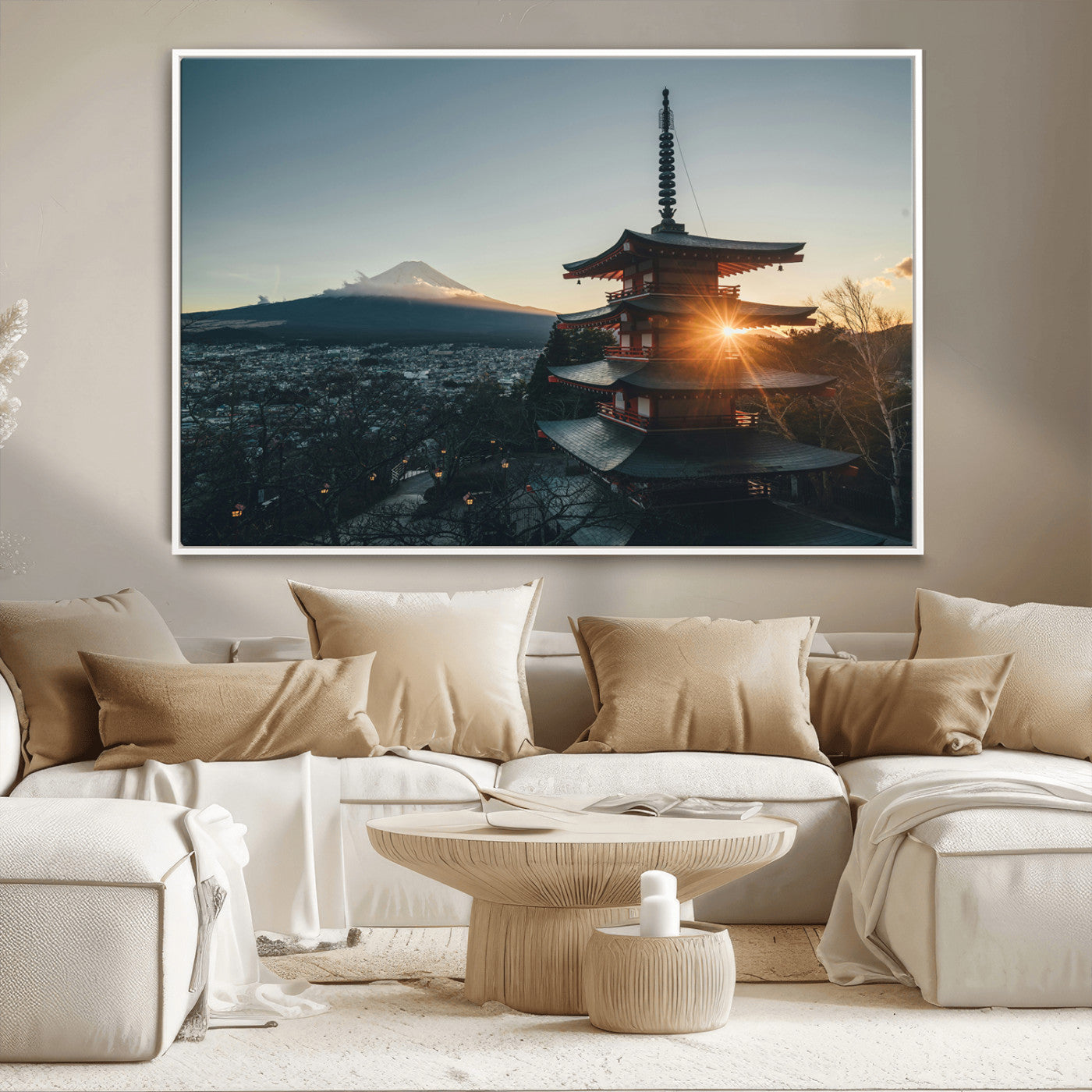 Chureito Pagoda at sunset with Mount Fuji in the background, city lights below, and golden sun rays, ideal for Japanese-inspired wall art.