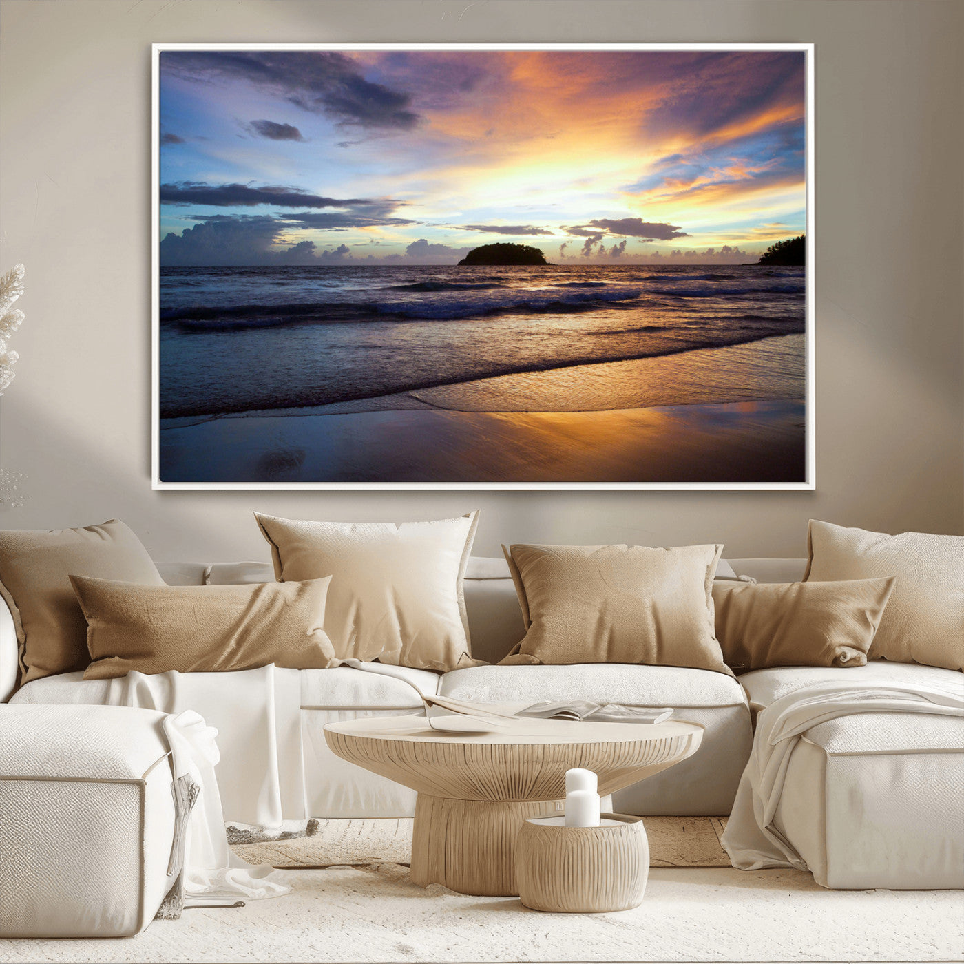A tropical beach at sunset with waves gently washing ashore, reflecting golden and purple hues in the sky, creating a tranquil coastal scene.