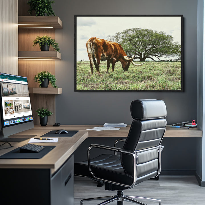 Texas Longhorn Wall Art Canvas Print, Framed Rustic Ranch Art Picture Print, Western Cattle Perfect Rustic Farmhouse Decor Artwork