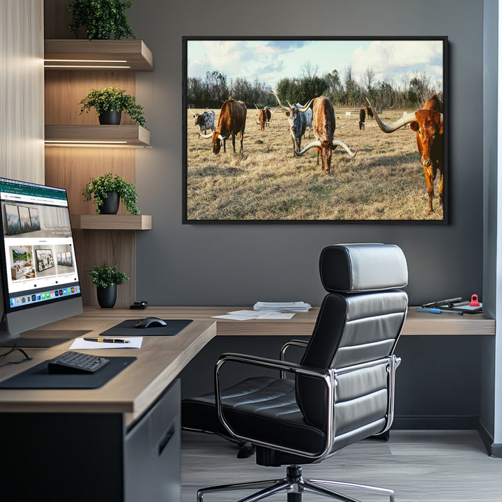 Texas Longhorns Wall Art Canvas Print, Framed Rustic Farm Scene Art Picture Print, Western Cattle Print Canvas Perfect Rustic Farmhouse