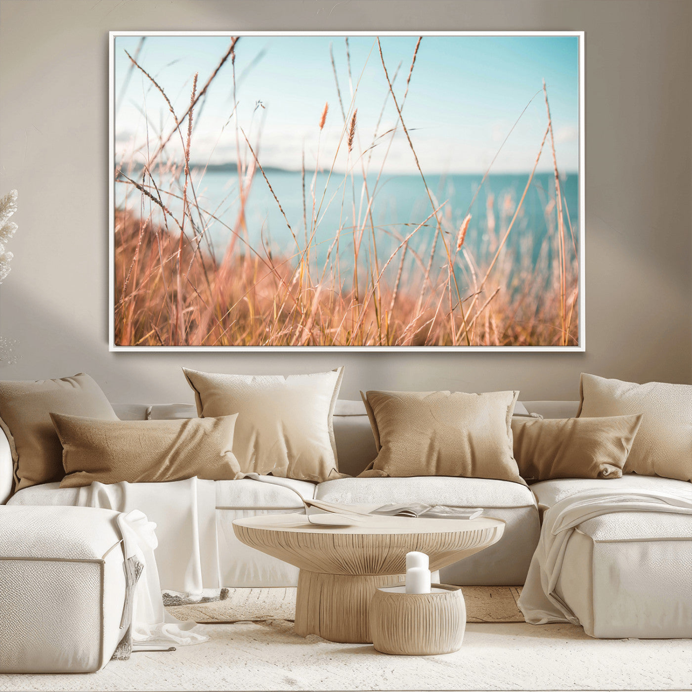 36108696-MGV-CV-36X24-Golden Beach Grass Ocean Breeze Soft Focus Tranquil Coastal Calm Blue Sky Seascape Nature Wall Art Canvas Print
