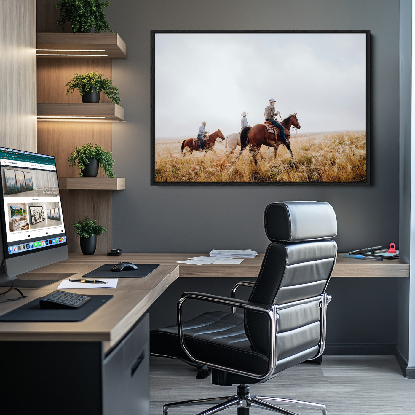 Western Cowboys Wall Art Canvas Print, Framed Rustic Prairie Art Picture Print, Horseback Riding Print Canvas, Perfect Rustic Western Decor