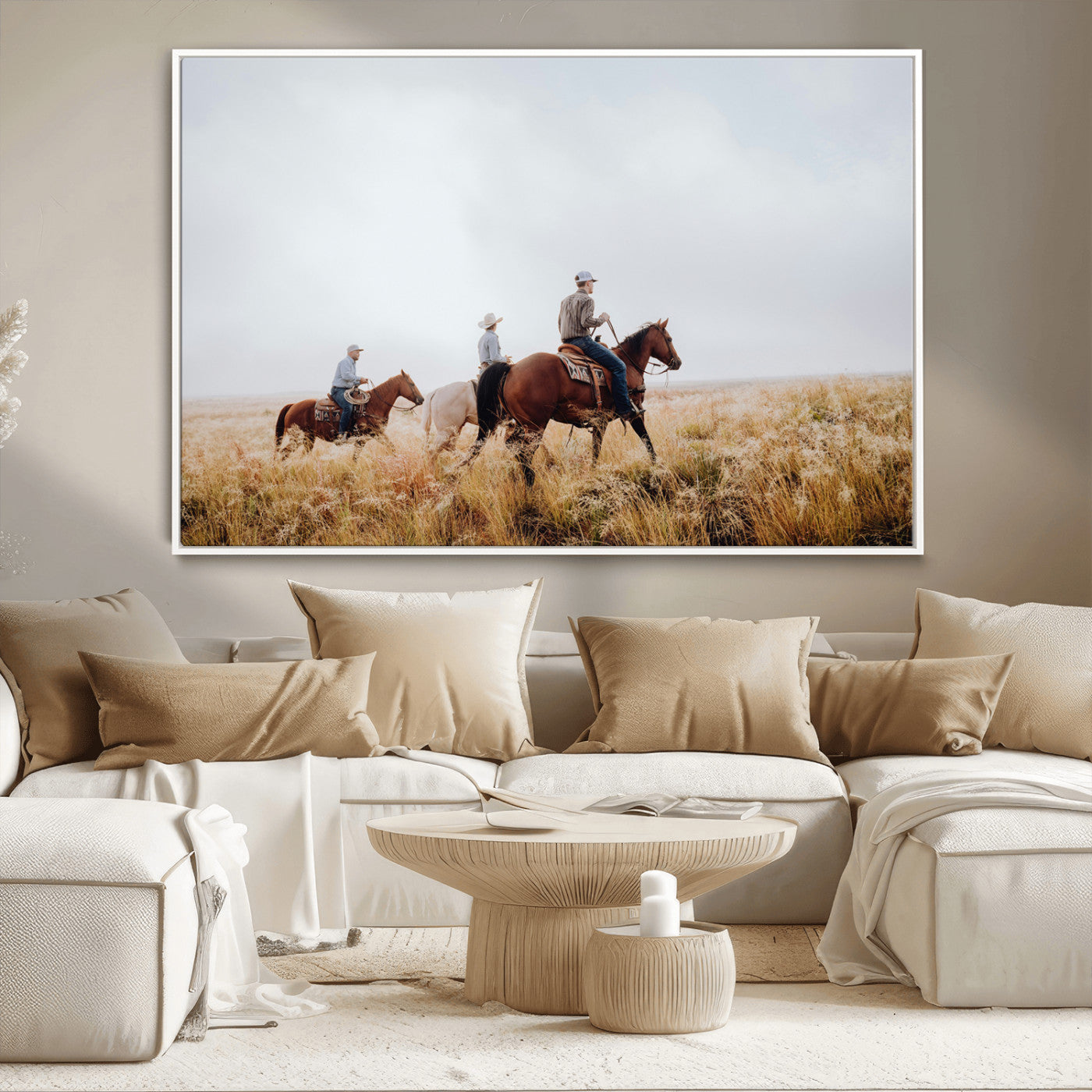 Three cowboys riding horses through a foggy prairie landscape, dressed in Western attire, evoking a rustic and adventurous Wild West aesthetic.