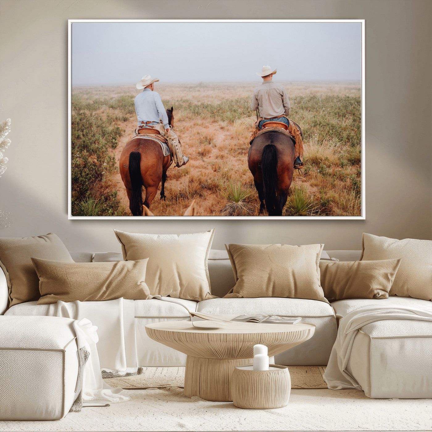 Two cowboys riding horseback through a misty prairie, capturing the rustic and adventurous spirit of the Western frontier.