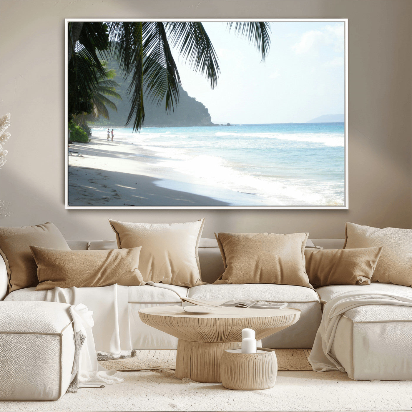Tropical beach with palm tree shadows, white sand, and turquoise ocean waves, creating a serene and relaxing island escape atmosphere.