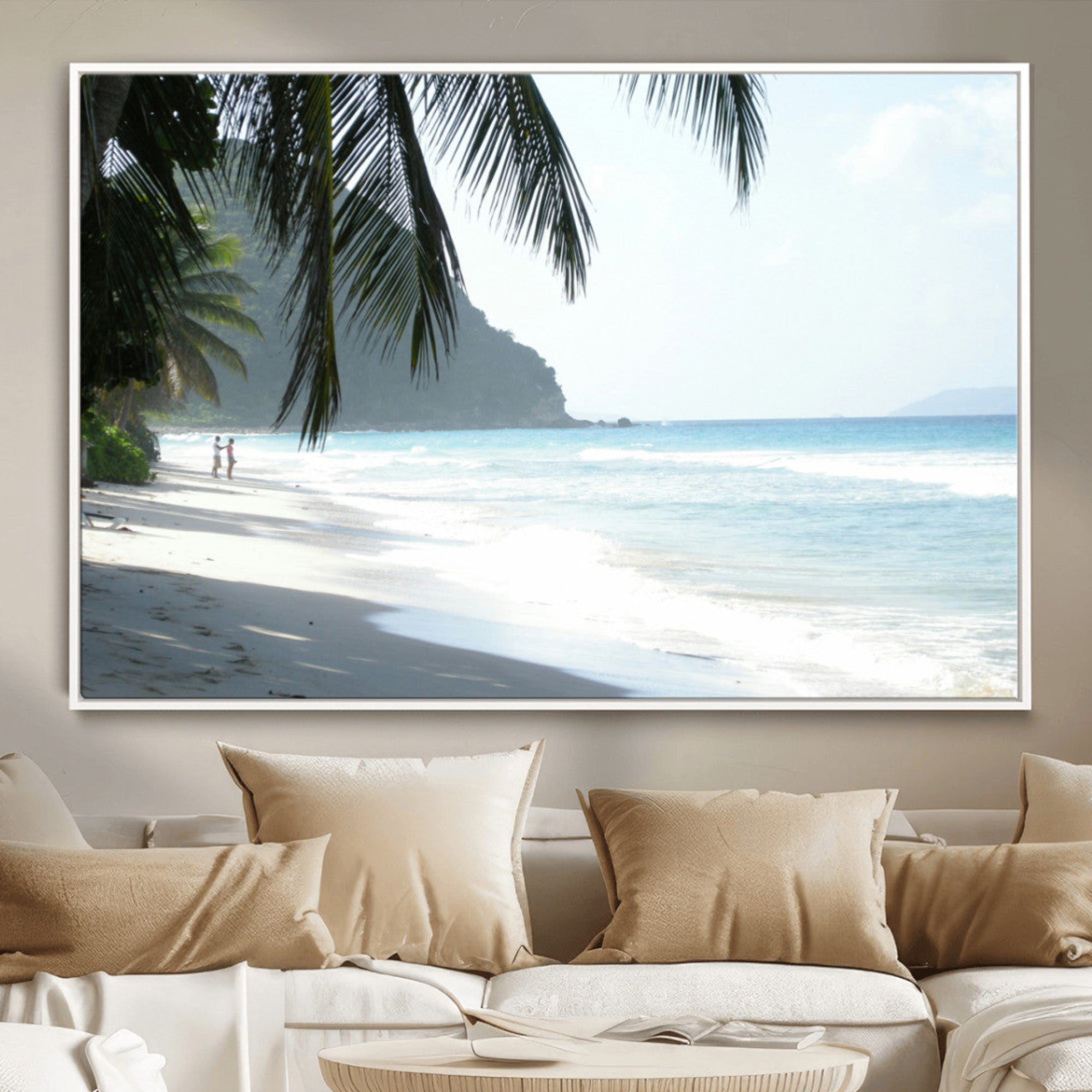 18311030-MGV-CV-36X24-Tropical Beach Wall Art Canvas Print – Framed Serene Ocean with Palm Tree Shadows Scene Artwork for Home, Office