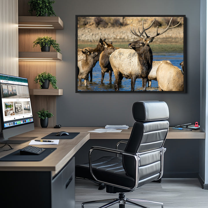 Wild Elk Photography Wall Art Canvas Print, Framed Neutral Wildlife Scene Art Picture Print, Rustic Animal Print Perfect Rustic Farmhouse