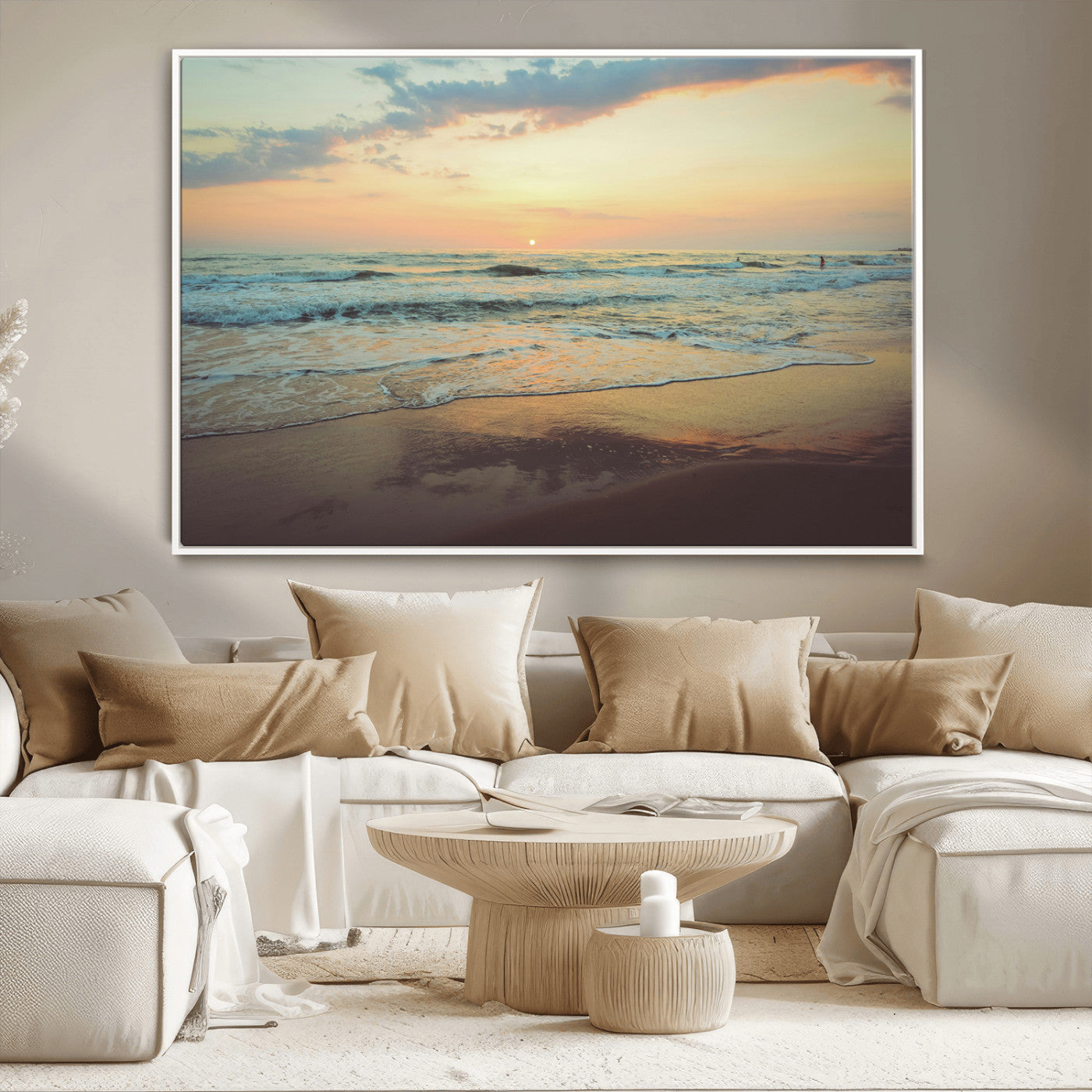 Warm sunset over gentle ocean waves with pastel sky and reflections on wet sand, creating a calm and soothing beach ambiance.