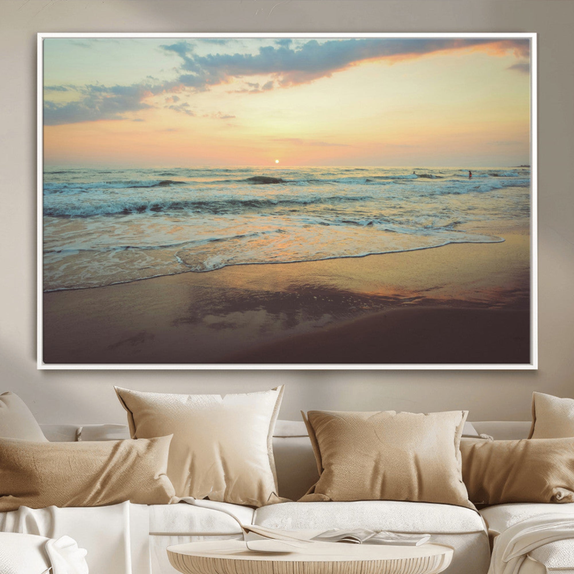 15261505-MGV-CV-36X24-Sunset Seascape Wall Art Canvas Print – Framed Pastel Ocean View with Tranquil Waves Scene Artwork for Home, Office