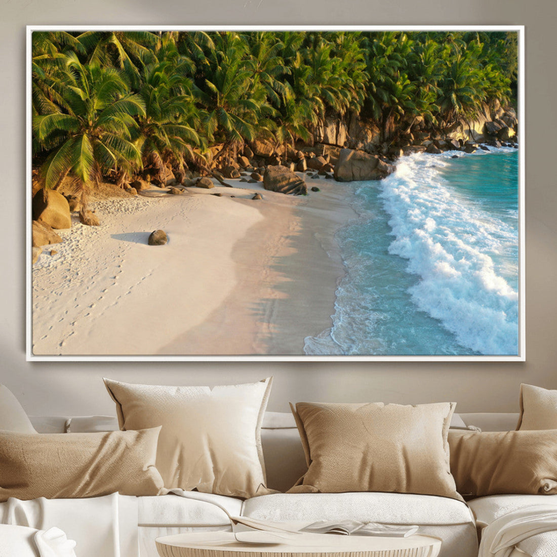 Tropical Beach Wall Art Canvas Print, Framed Ocean Waves and Palm Trees at Golden Sunset