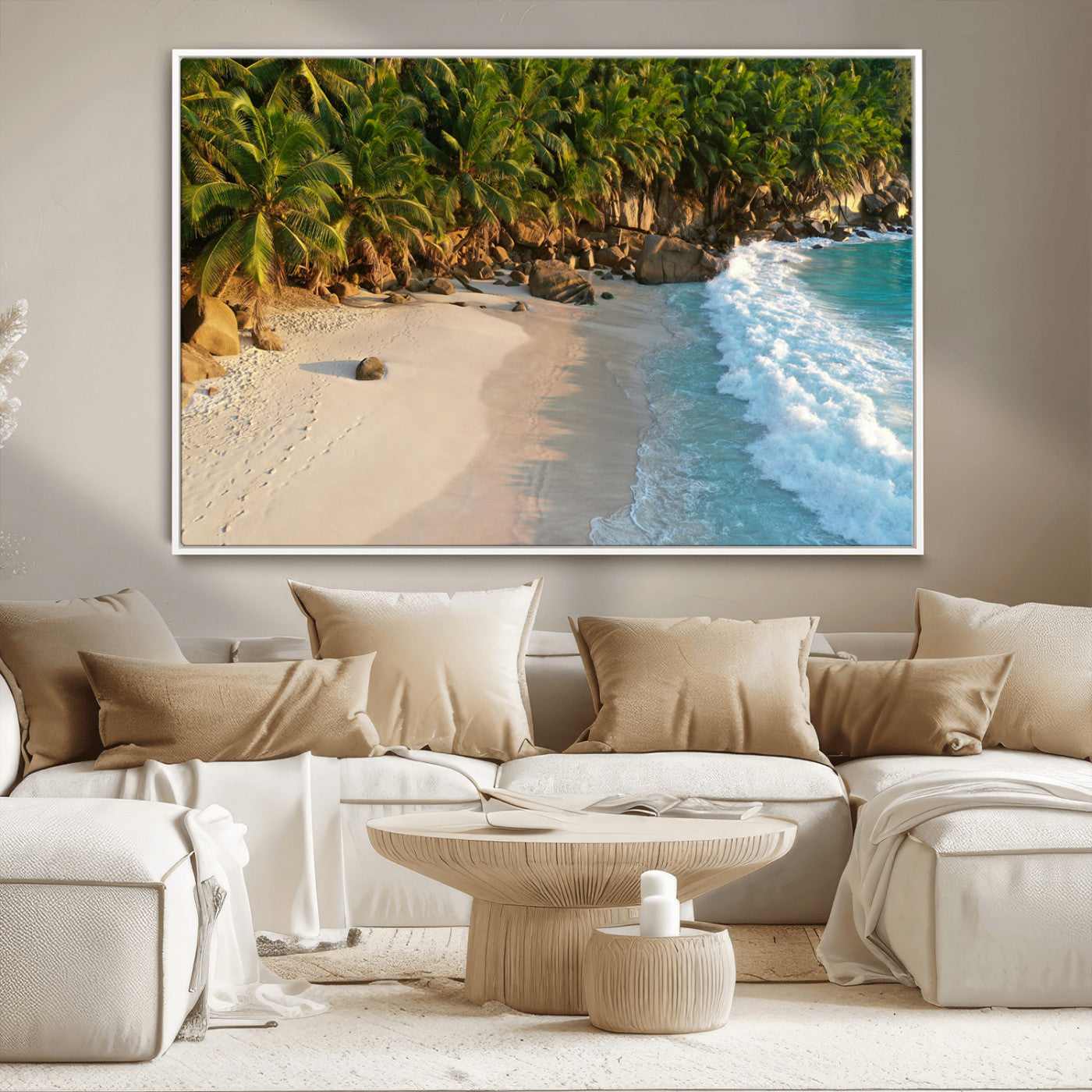 Tropical beach with golden sand, turquoise ocean waves, and lush palm trees, creating a serene coastal paradise for beach-themed decor.