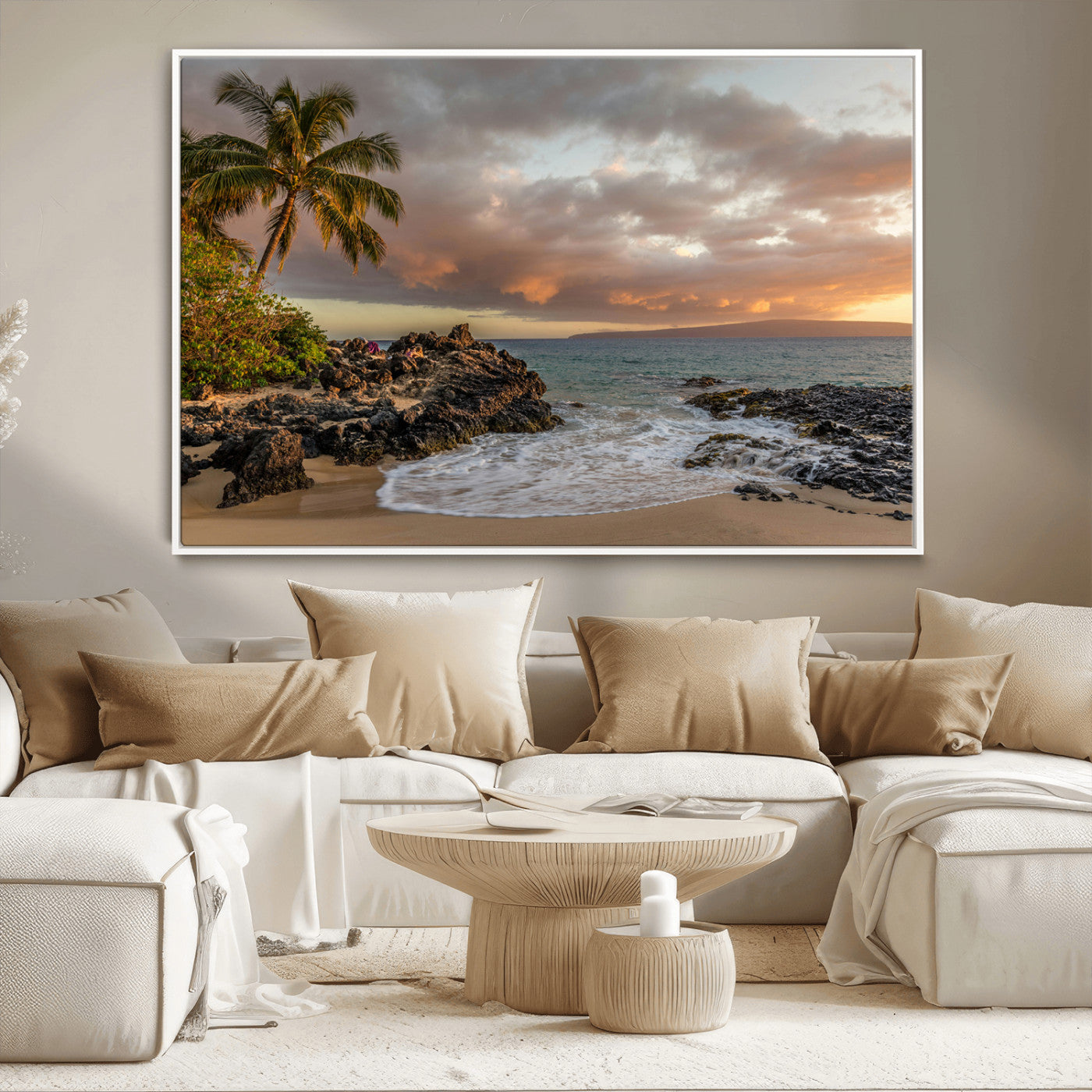 Golden sunset over a tropical beach with palm trees, rocky shoreline, and gentle ocean waves, perfect for coastal and island-inspired decor.