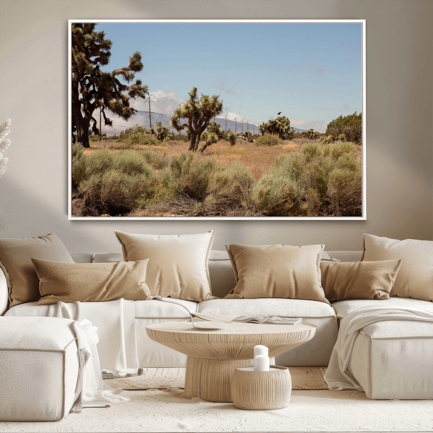 Scenic desert landscape with Joshua trees, dry grass, and distant mountains under a clear blue sky, perfect for southwestern and rustic decor.