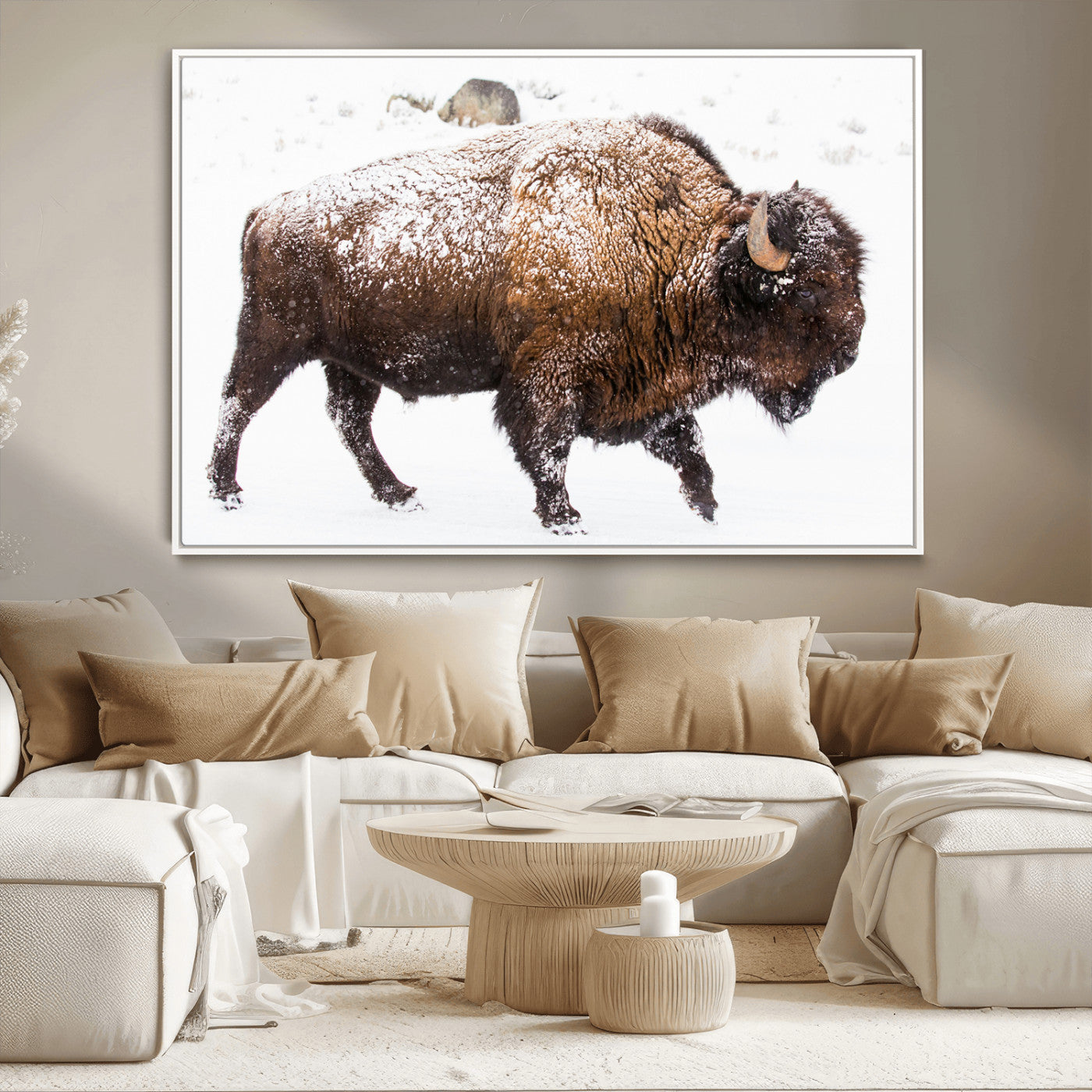 Side profile of a powerful bison walking through deep snow, with frost-covered fur and a white winter background, perfect for rustic and western decor.