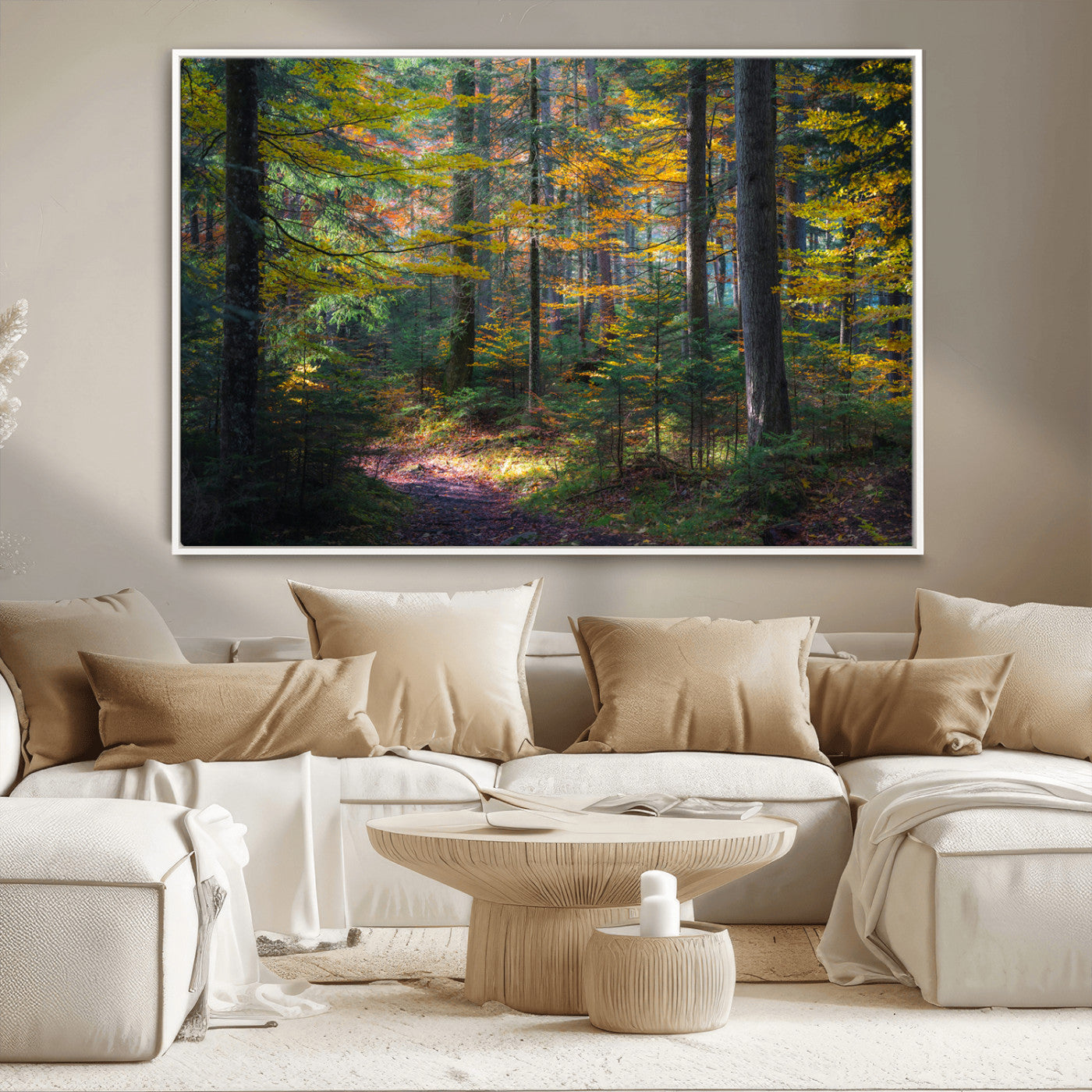 A serene autumn forest with golden and green leaves, a misty atmosphere, and a sunlit pathway, creating a tranquil nature-inspired wall art piece.