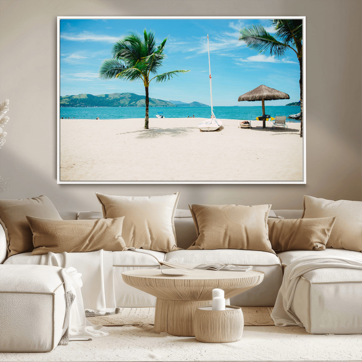 Tropical beach scene with palm trees, a white sailboat, and turquoise ocean waters under a bright blue sky, creating a peaceful summer vibe.
