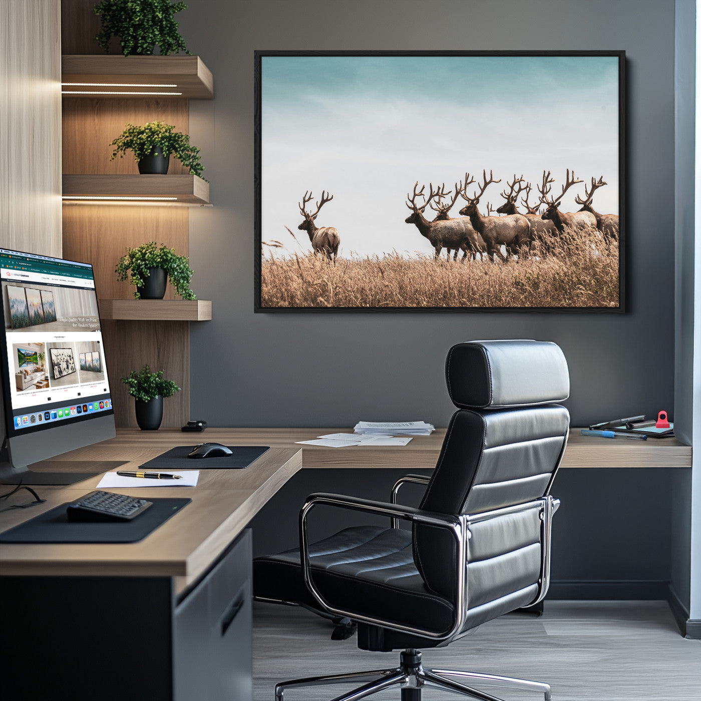 Elk Herd Wall Art Canvas, Antler Canvas Print, Framed Wildlife Photography Art Picture Print, Rustic Nature Print Perfect Rustic Wildlife