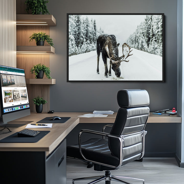Moose in Snow Wall Art Canvas Print, Framed Winter Wildlife Art Picture Print, Snowy Forest Scene Perfect Rustic Lodge Decor Artwork