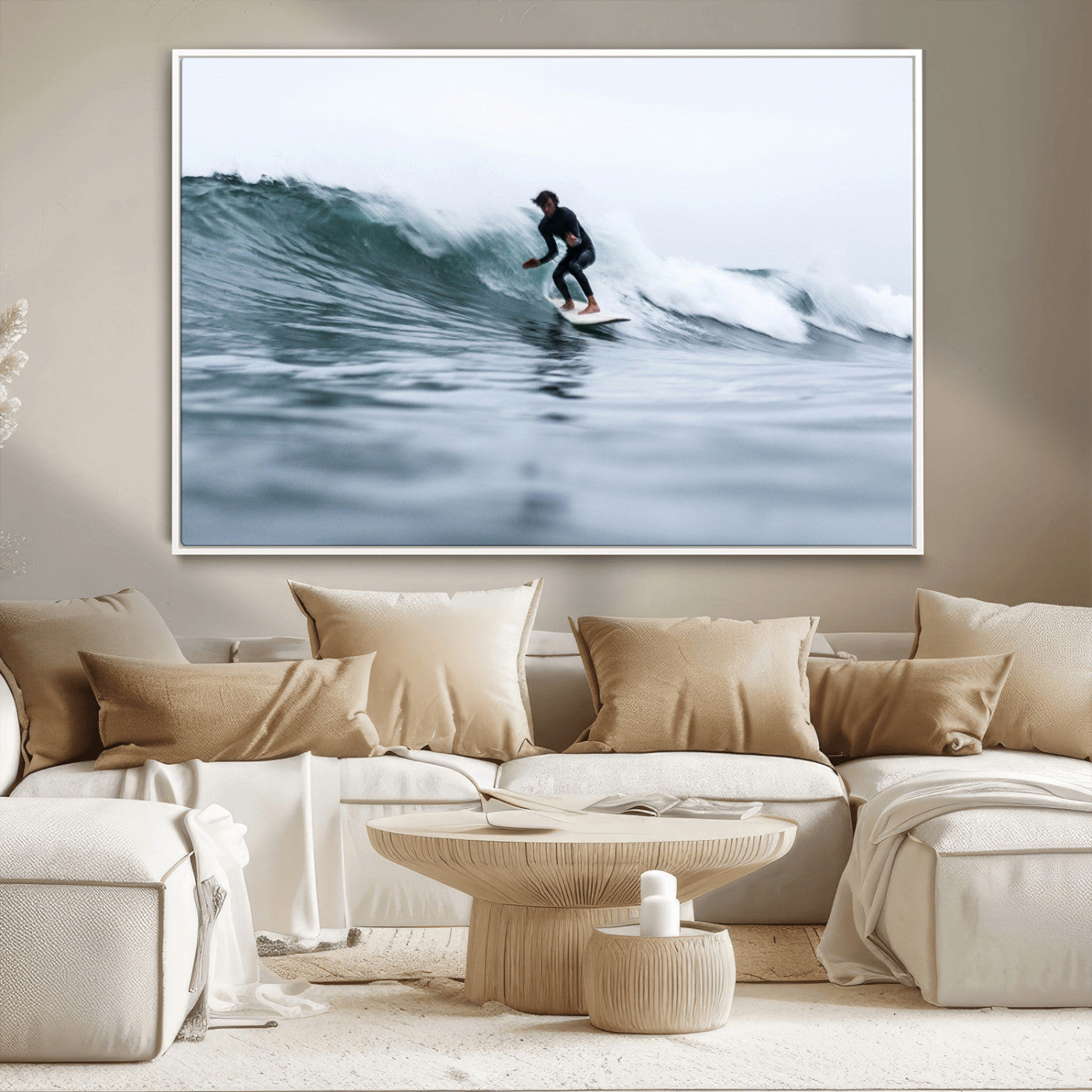 MGV-FC-36X24 - Surfer on Wave Wall Art Canvas Print, Framed Ocean Adventure Art Picture Print, Motion Blur Water Perfect Coastal Adventure Decor Artwork