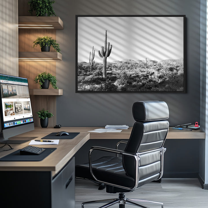 Saguaro Cactus Canvas Print Wall Art , Monochrome Landscape Print, Framed Scenic Arizona Art Print, Large Timeless Western Aesthetic