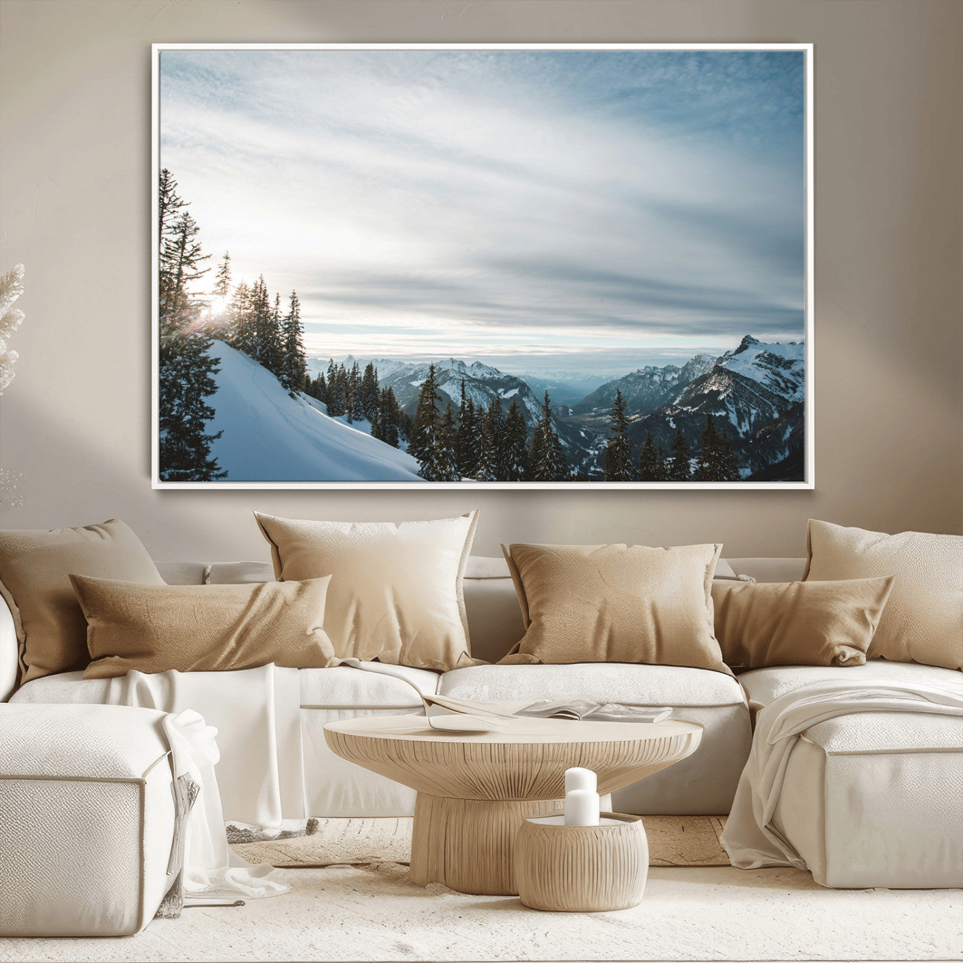 MGV-FC-36X24 - Snowy Mountains Wall Art Canvas Print, Framed Alpine Landscape Art Picture Print, Frosty Peaks Perfect Nordic Minimalist Decor Artwork