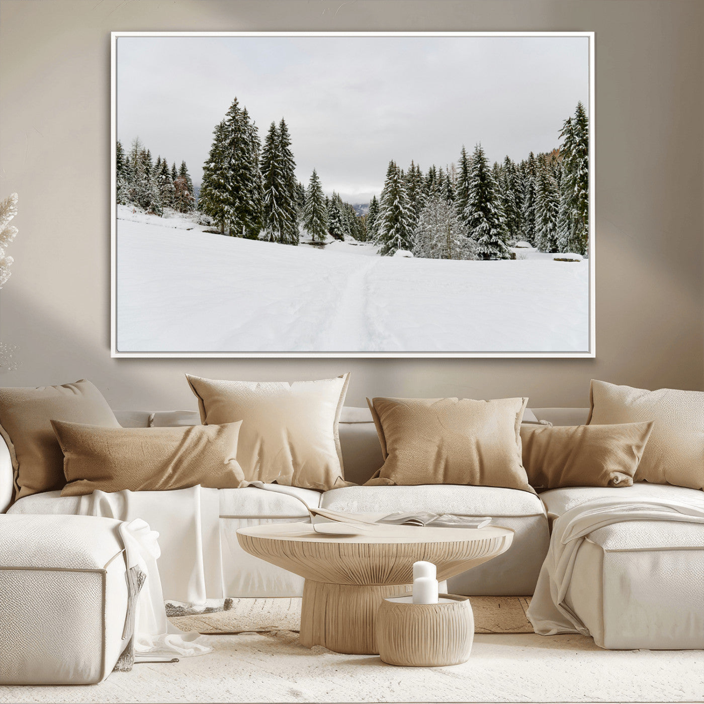 MGV-FC-36X24 - Frosty Pines Wall Art Canvas Print, Framed Silent Snowfall Art Picture Print, Cozy Cabin Vibes Perfect Nordic Minimalist Decor Artwork