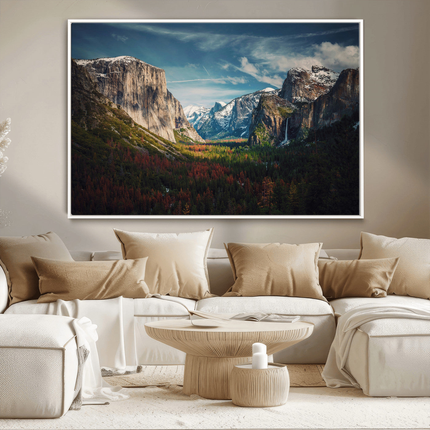 Framed canvas print of Yosemite National Park, featuring El Capitan and a scenic waterfall, ideal for rustic farmhouse or adventure-themed home decor.