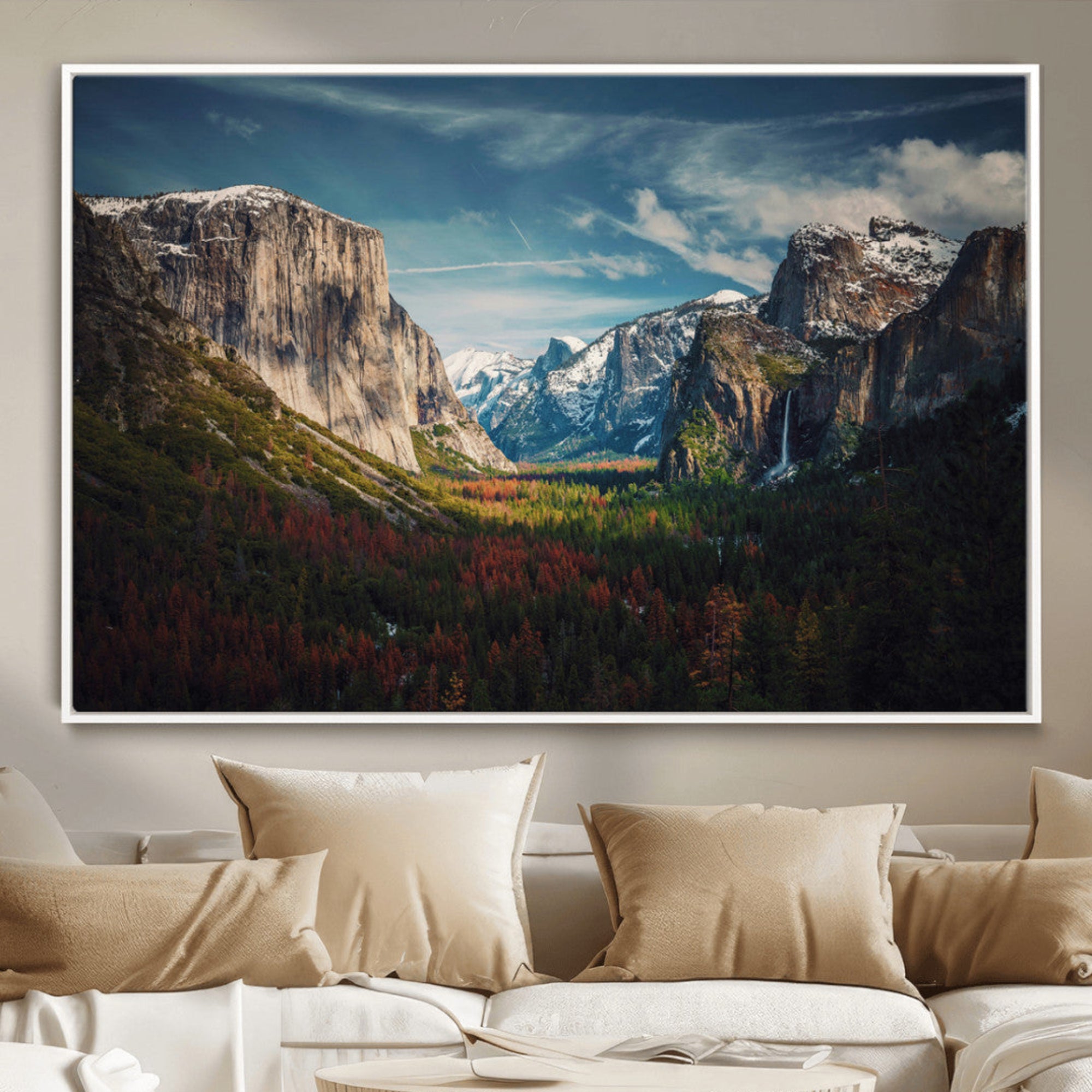Framed canvas print of Yosemite National Park, featuring El Capitan and a scenic waterfall, ideal for rustic farmhouse or adventure-themed home decor.