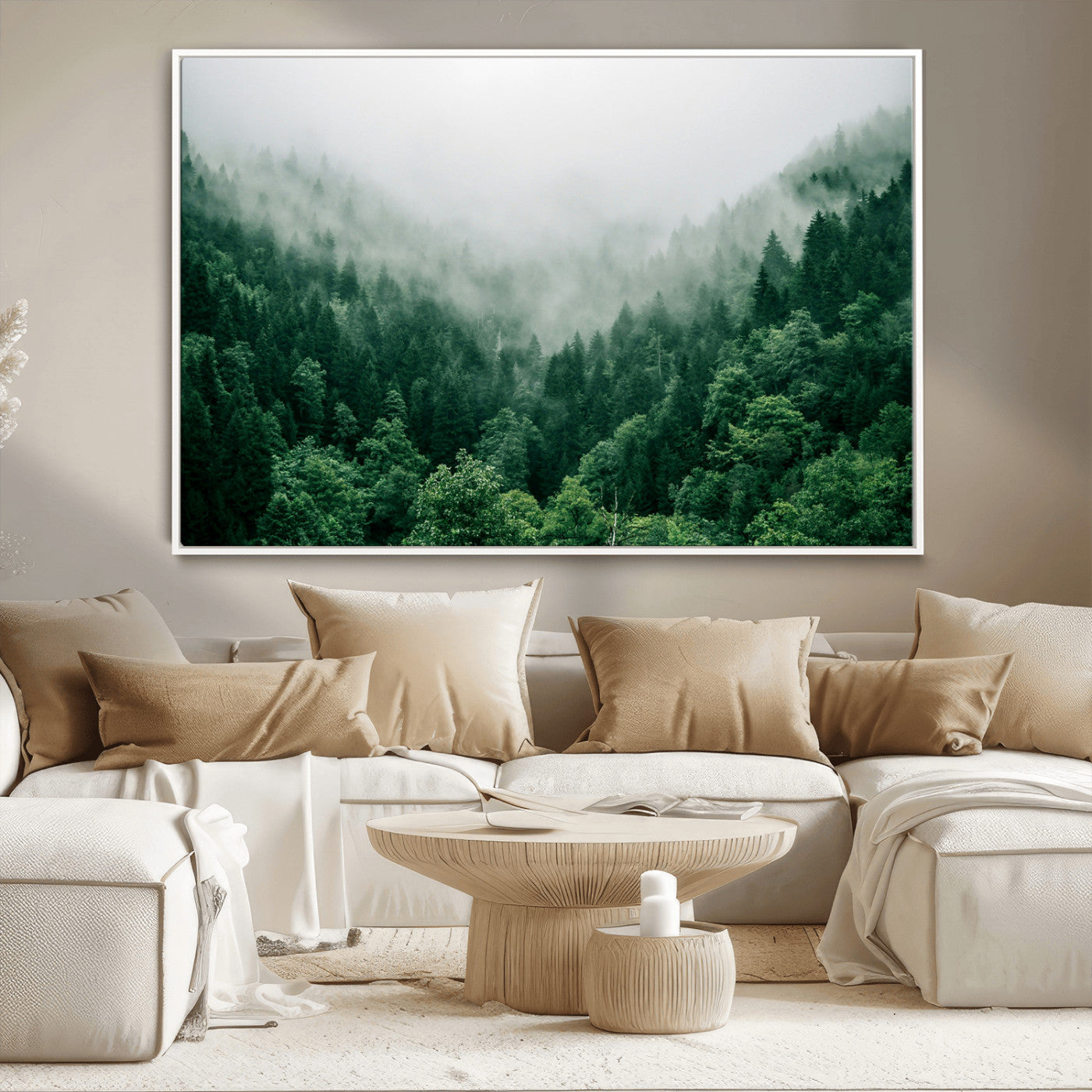 MGV-FC-36X24 - Misty Green Forest Canvas Print – Serene Foggy Pine Landscape Wall Art, Tranquil Nature Decor for