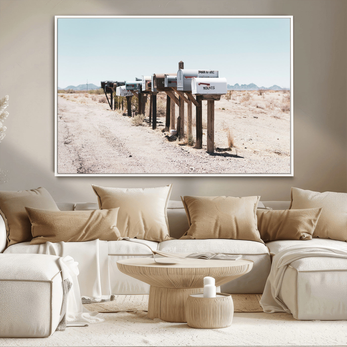 MGV-FC-36X24 - Desert Mailboxes Canvas Print – Minimal Western Landscape Photography, Rustic Americana Wall Art for