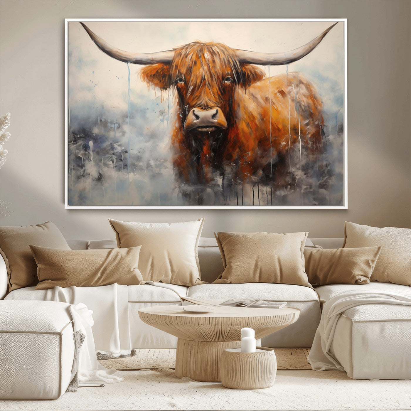 MGV-FC-36X24 - Scottish Highland Wall Art Canvas Print, Framed Longhorn Art Picture Print, Western Cow Perfect Farmhouse Decor Artwork
