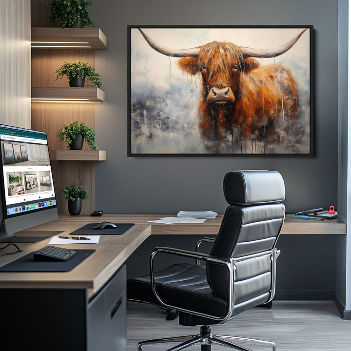 Scottish Highland Wall Art Canvas Print, Framed Longhorn Art Picture Print, Western Cow Perfect Farmhouse Decor Artwork