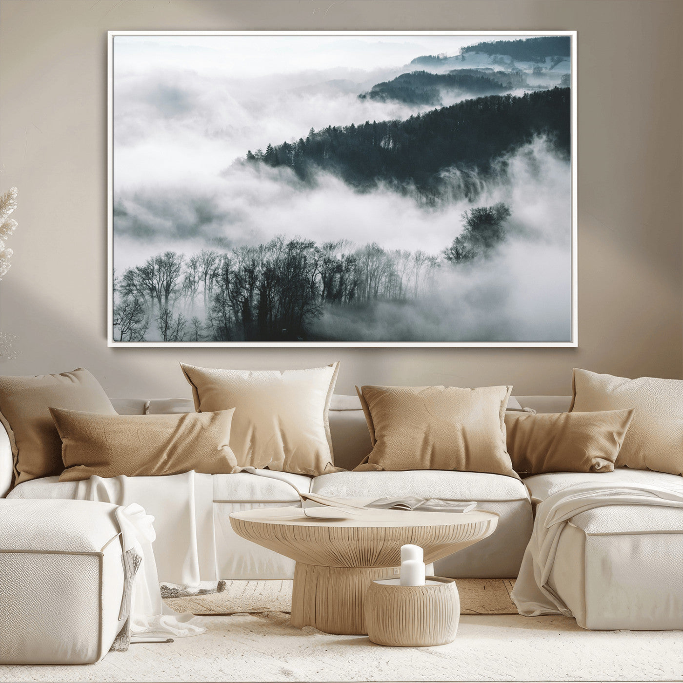 67569654-MGV-CV-36X24-Foggy Forest Landscape Wall Art Canvas Print – Misty Mountain Valley Scene in Monochrome Tones, Perfect for Minimalist or Nordic Home Decor