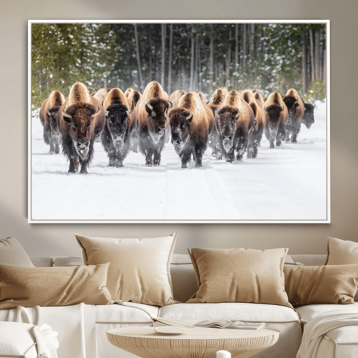 96906195-MGV-FC-36X24 - American Bison Herd Snow Canvas Wall Art – Powerful Winter Wildlife Print of Buffalo Motion, Rustic Lodge or Western Cabin Decor for Living Room, Office