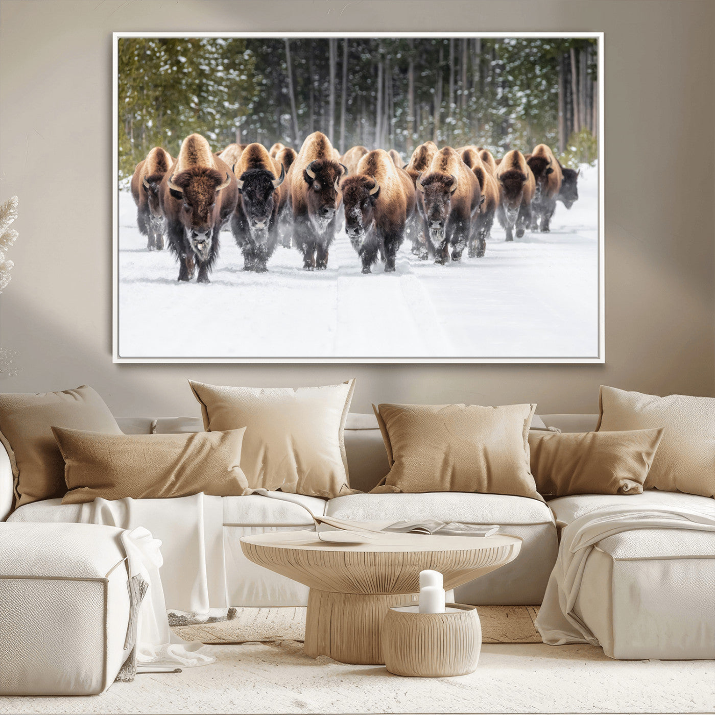 American Bison Herd in Snow Wall Art Canvas Print – Powerful Winter Wildlife Scene with Buffalo in Motion, Perfect for Rustic Lodge or Western Cabin Decor